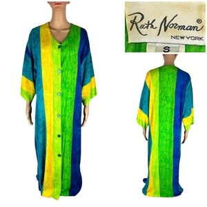 Ruth Norman New York Womens Small Dress Green Blue Vintage Floral Kaftan Lounge
